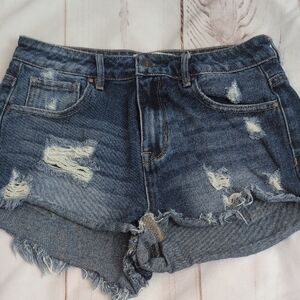 PacSun High Rise Short Raw Frayed Hem Cute Distressing size 27 Med Dark Wash